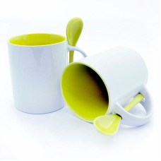 Cups with a yellow handle and inside + spoon