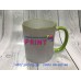 Cup with a green handle and a rim