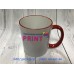 Cup with a red handle and a rim