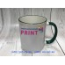 Cup with a dark green handle and a rim