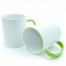 Cup with a green handle and a rim