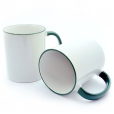 Cup with a dark green handle and a rim