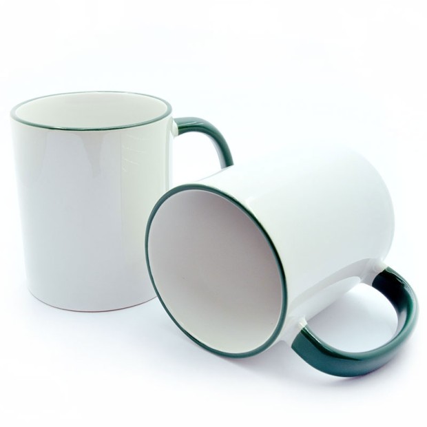 Cup with a dark green handle and a rim