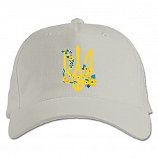 Baseball cap with Print Coat of arms of Ukraine with flowers - white