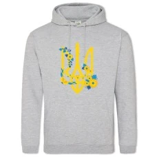Hoodie with Print Coat of arms of Ukraine with flowers - 2XL grey