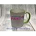 Cup with a green handle and a rim