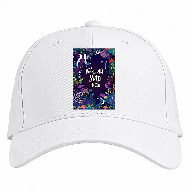 Baseball cap with Print Alice In Wonderland We Are All Mad Here - white