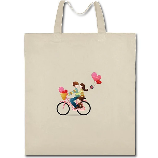 Eco bag with print Valentine's Day Boy And Girl On Bicycle - beige