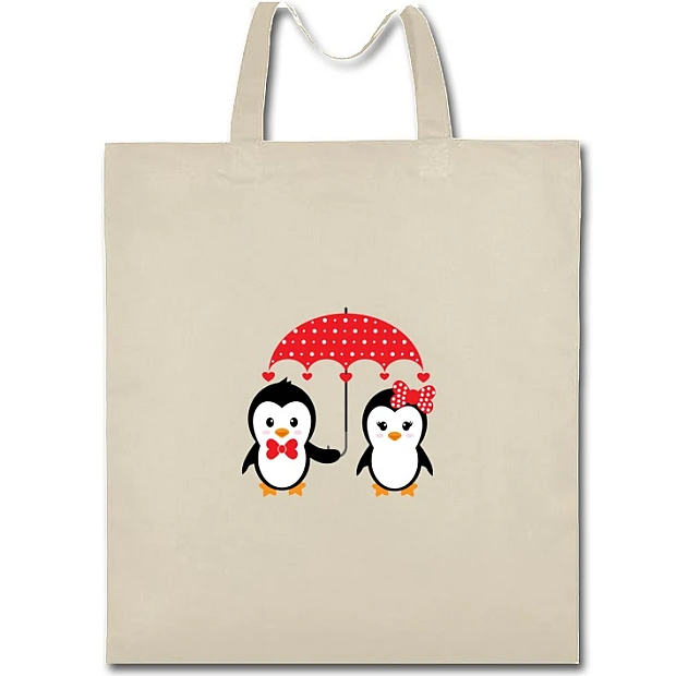 Eco bag with print Valentine's Day Two Penguin Under Umbrella With Hearts - beige