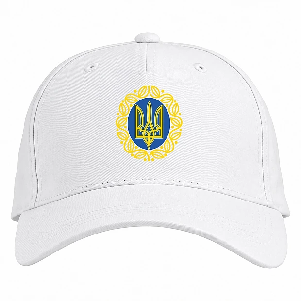 Бейсболка с принтом Патриотический Принт Орнамент Герб Украины - белая