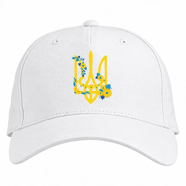 Кепка з принтом Герб України з квітами - біла