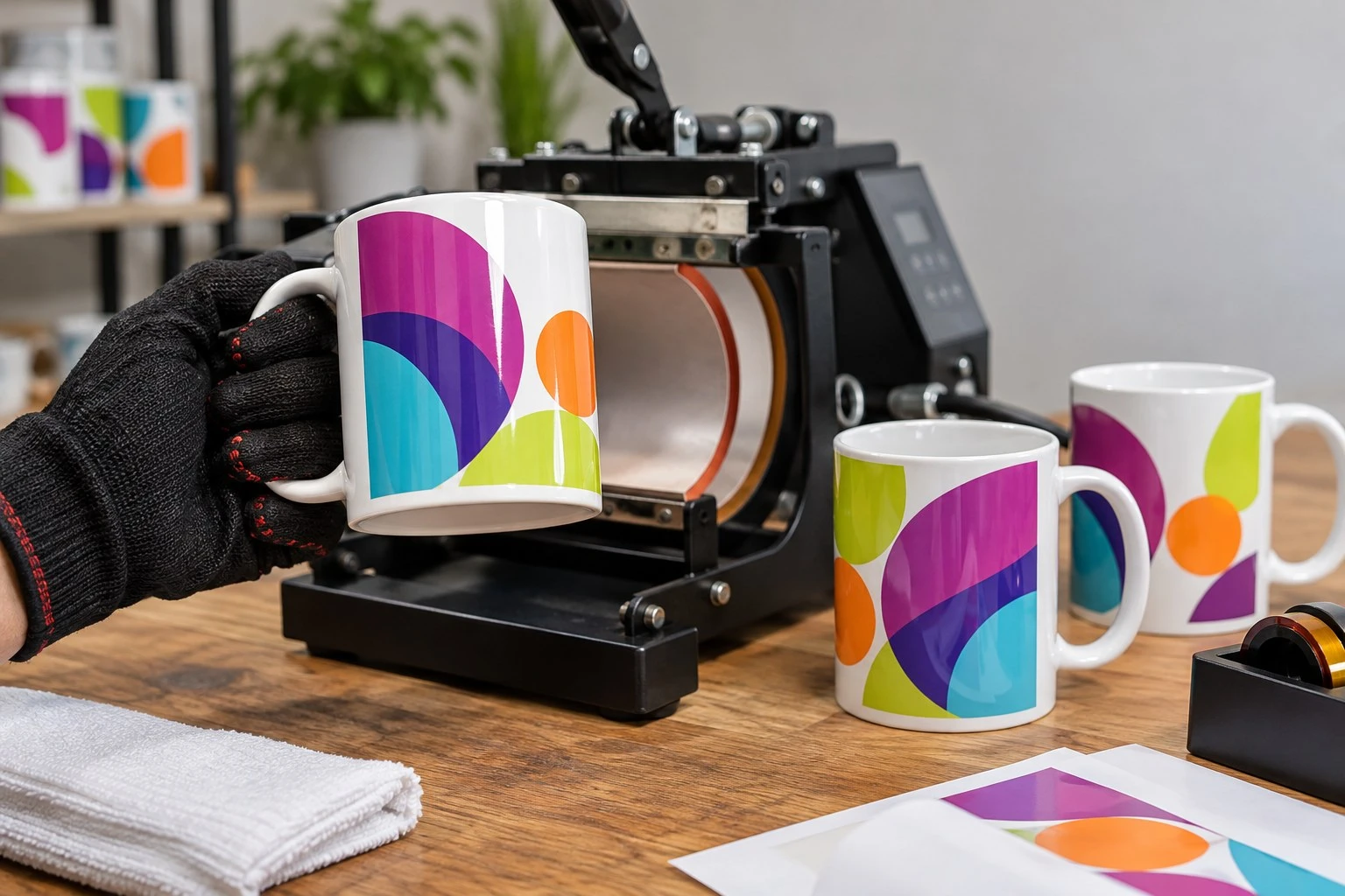 The press on cups, drawing the image on mugs. From A to Z